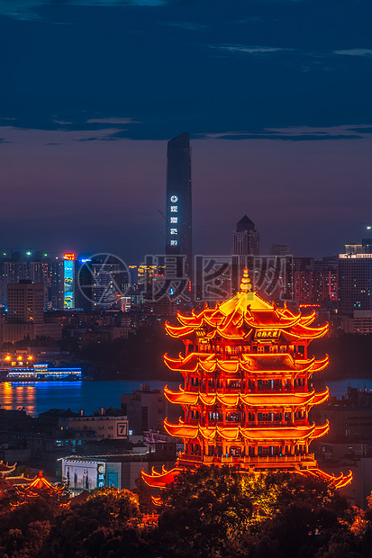 武漢城市夜景黃鶴樓武漢中心